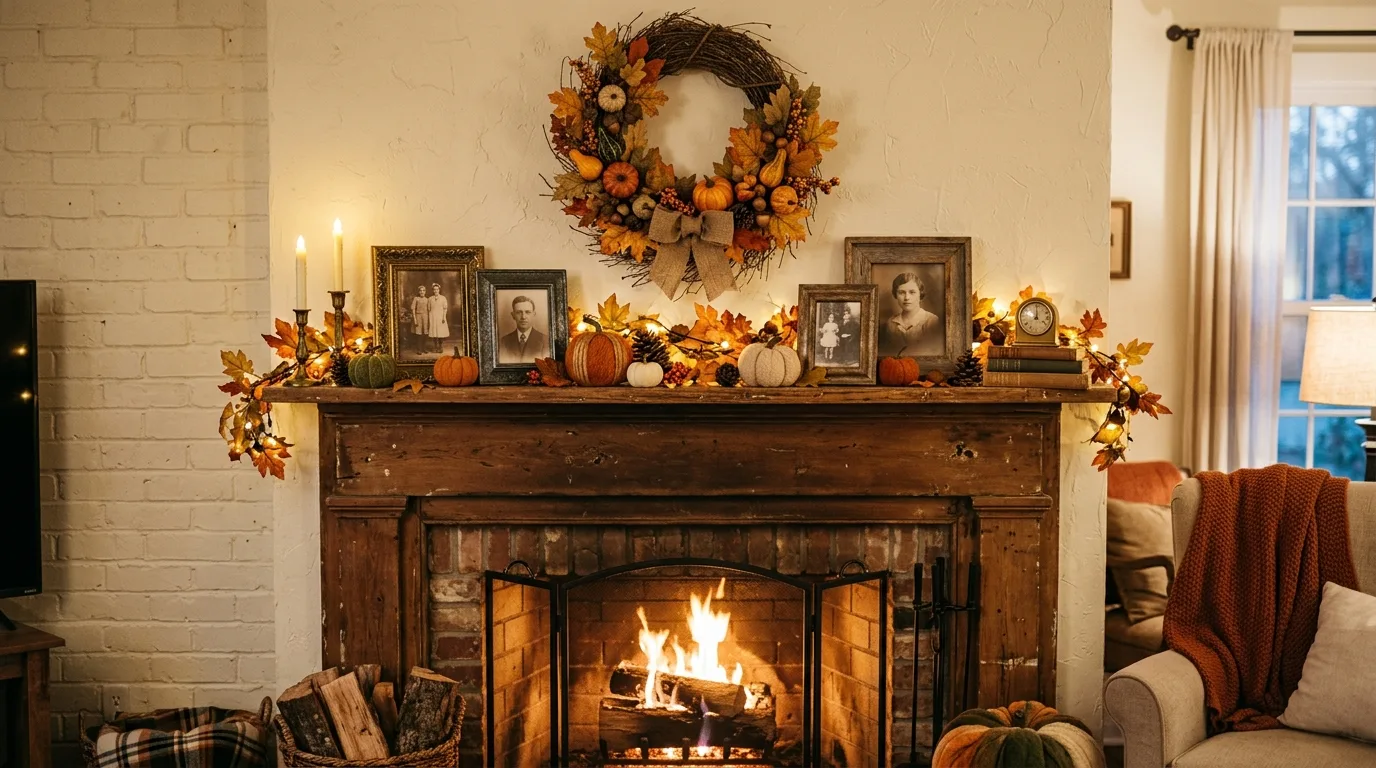 Vintage farmhouse mantel decorated for fall
